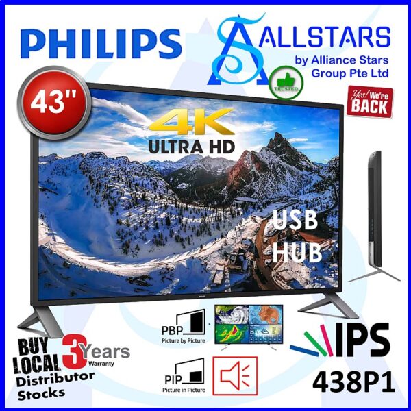 Philips 438P1 43 inch 4K IPS Monitor / 3840 x 2160 / PIP / PBP / DP v1.2 x2 + HDMI 2.0 x2 + VGA / Audio Out / Built-in-Speaker / USB3.0 HUB / VESA Mount Compatible 200x200mm (Warranty 3years with Philips SG)