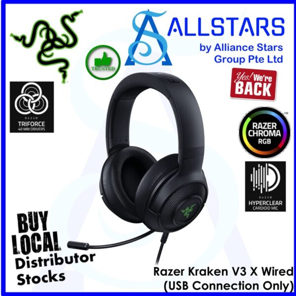 Razer Kraken V3 X Wired USB Gaming Headset / USB connection only / Razer Chroma RGB – RZ04-03750300-R3M1