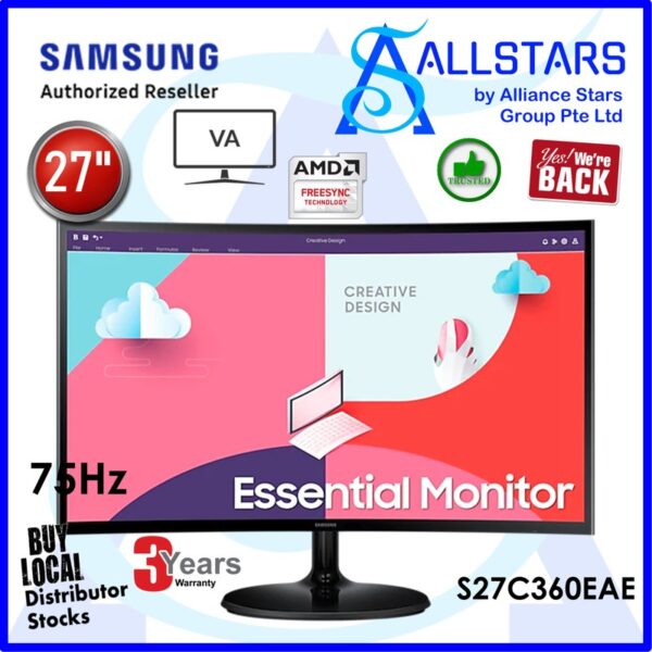 Samsung S27C360EAE 27 inch S3S36C Essential FHD Curved Monitor / HDMI v1.4 x1, VGA x1 / Headphone port x1 (via HDMI), VESA Mount : 75x75mm