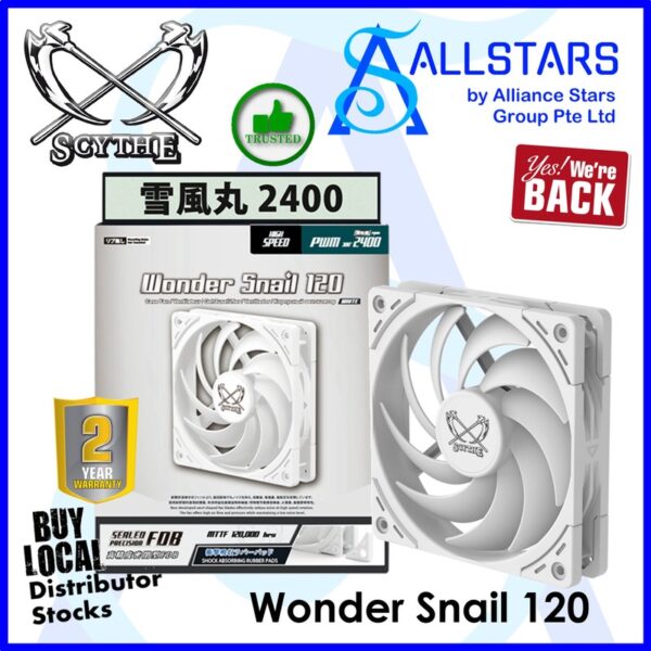 Scythe Wonder Snail 120 WS-120 / 120mm Case Fan / PWM / High Speed / 300-2400rpm / 4pin Extension Cable 200mm – White : WS1225FD24W-P
