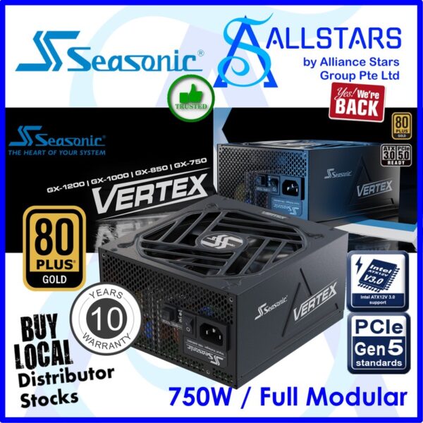 Seasonic Vertex GX-750 750W 80+GOLD ATX Power Supply (Full Modular, ATX3.0, PCIeGen5)
