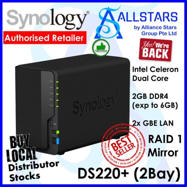 Synology DS220+ 2 Bay Diskstation NAS (Diskless) (Intel Celeron Dual Core 2GB / 2GB DDR4 expandable to 6GB / 2xGBE LAN) (Warranty 2years with Local Distributor)