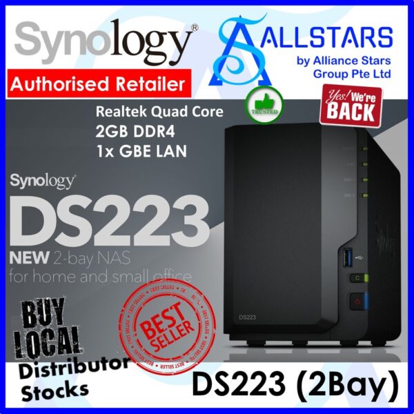 Synology Diskstation DS223 2 Bay NAS (Diskless) (Realtek Quad Core / 2GB DDR4 / 1xGBE LAN / 3 x USB 3.2 Gen 1 ports)
