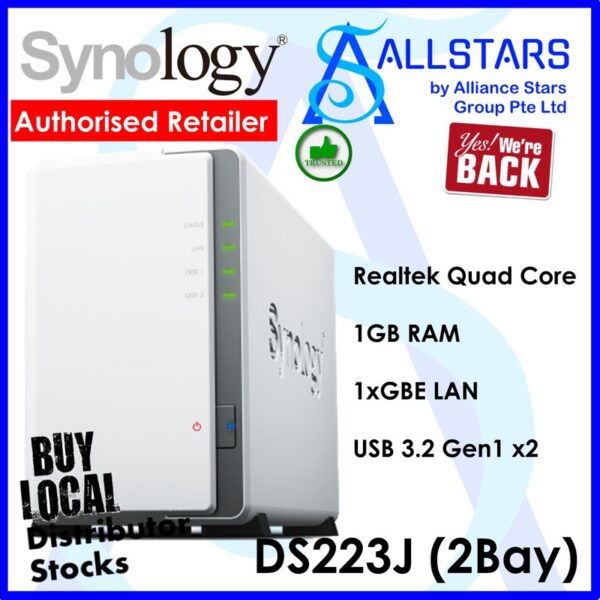 Synology Diskstation DS223J 2Bay NAS  (Realtek 4Core, 1GB RAM, 1xGBE LAN, USB 3.2 Gen1 x2)