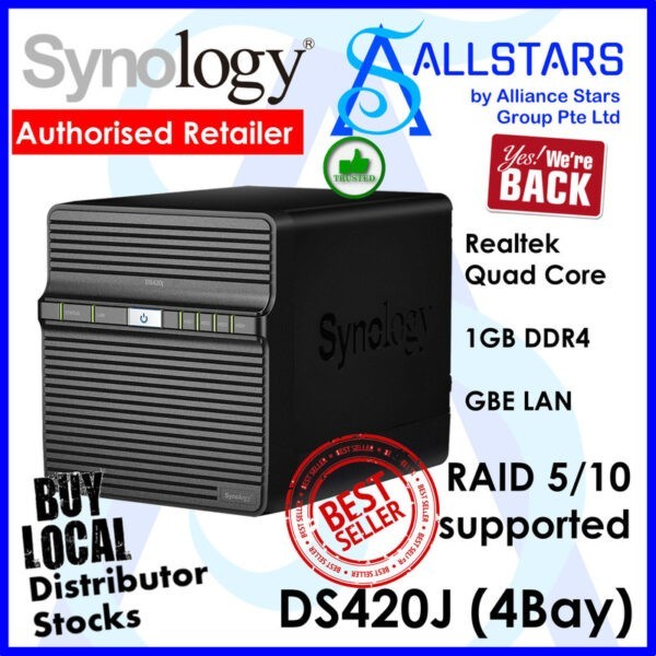 Synology DS420J 4 Bay Diskstation NAS (Diskless) (Realtek Quad Core 1.4GHz / 1GB DDR4) (Warranty 2years with Local Distributor)