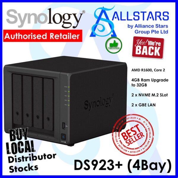 Synology DiskStation DS923+ 4-Bay NAS (AMD R1600, Core 2, 4GB RAM upgradeable to 32GB, NVME M.2 slot x2, GBE LANx2)