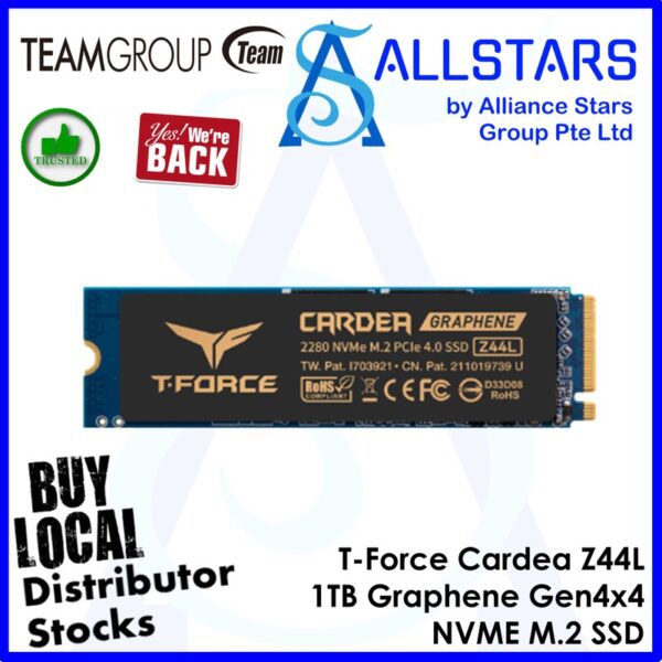 TeamGroup T-Force Cardea Z44L Graphene 1TB – Graphene heatspreader PCIe Gen4x4 NVME M.2 SSD / 3D TLC NAND, up to Read 3500MB/s, Write 3000MB/s, TBW 600TBW, DRAM Cache – TM8FPL001T0C127