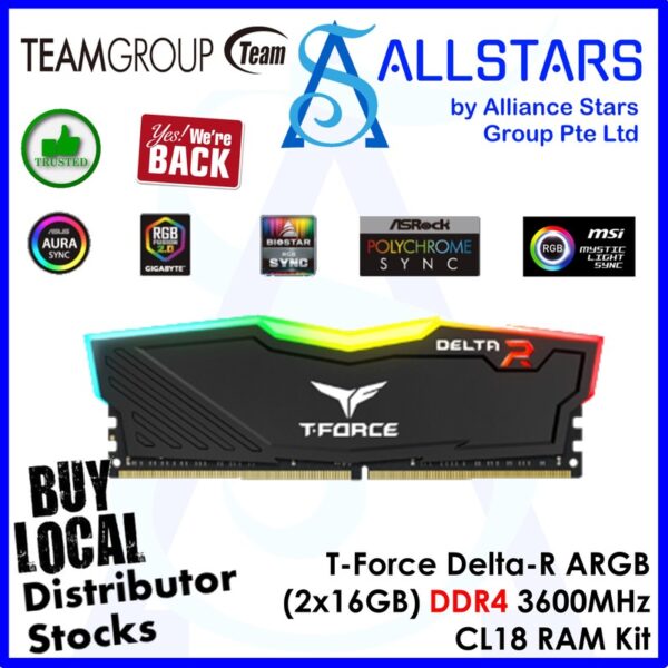 TeamGroup T-Force Delta RGB 32GB (2x16GB) DDR4 3600MHz CL18 RAM Kit – TF3D432G3600HC18JDC01