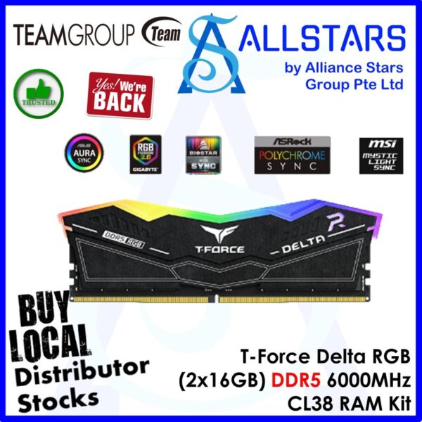 TeamGroup T-Force Delta RGB DDR5 32GB (2x16GB) DDR5 6000MHz CL38 RAM Kit – FF3D532G6000HC38ADC01