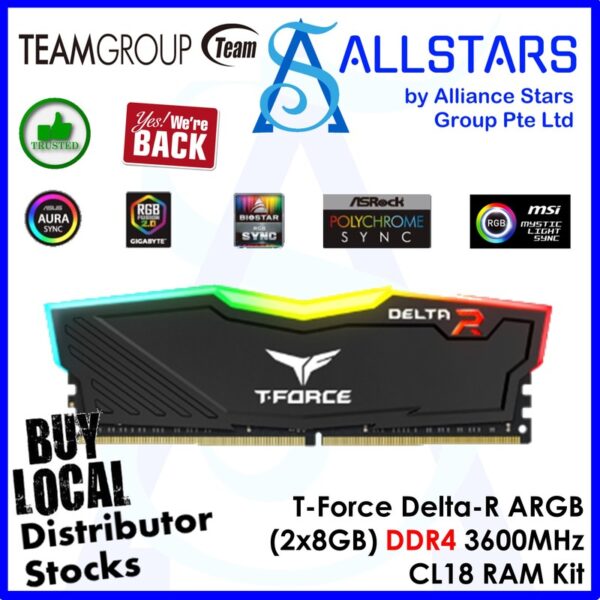 TeamGroup T-Force Delta RGB 16GB (2x8GB) DDR4 3600MHz CL18 RAM Kit – TF3D416G3600HC18JDC01