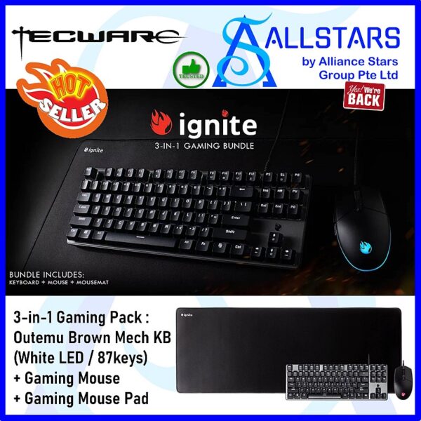 Tecware IGNITE 3-in-1 Gaming Bundle (87Keys White LED Outemu Brown Switch + Huano 4800dpi USB2.0 Gaming Mouse + 780x300x4mm Gaming Mouse Pad)