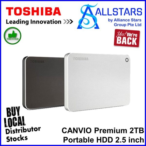 TOSHIBA Canvio Premium 2TB Aluminium finish 2.5 inch external HDD / USB-C adapter included –  Dark Grey : HDTW220AB3AA