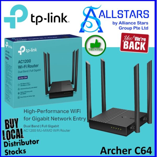 TP-Link Archer C64 AC1200 MU-MIMO Wi-Fi Router / Dual Band / Full Gigabit (Warranty 3years with BanLeong)