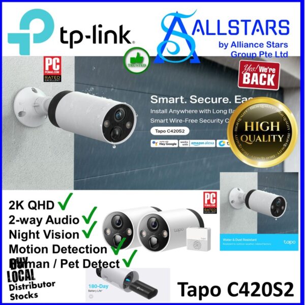 TP-Link Tapo C420S2 2pieces pack / 2K QHD Smart Wire-Free Security Camera System (Full Color Night Vision, IP65, Battery powered)