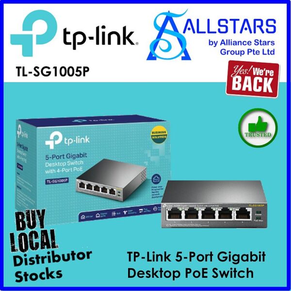 TP-Link TL-SG1005P 5-Port Gigabit Desktop PoE Switch, 5 Gigabit RJ45 Ports including 4 PoE ports, 802.3af, 56W PoE Power, Desktop Steel Case (Warranty 3years with TP-Link SG)