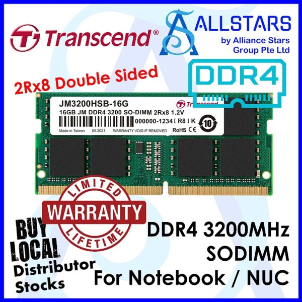 Transcend 16GB DDR4 3200MHz SODIMM RAM / 2Rx8 – JM3200HSB-16G