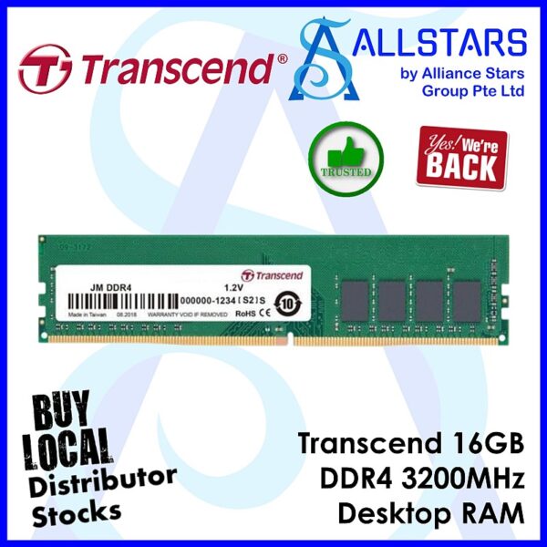 Transcend 16GB DDR4 3200MHz Desktop RAM (2Rx8 ) –  JM3200HLB-16G