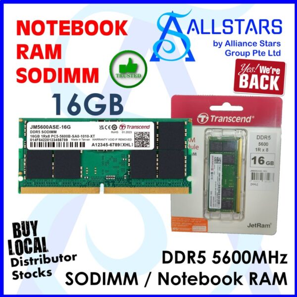 Transcend JetRam 16GB DDR5 5600MHz CL46 1.1V SODIMM Notebook or Mini PC RAM / 1Rx8 – JM5600ASE-16G