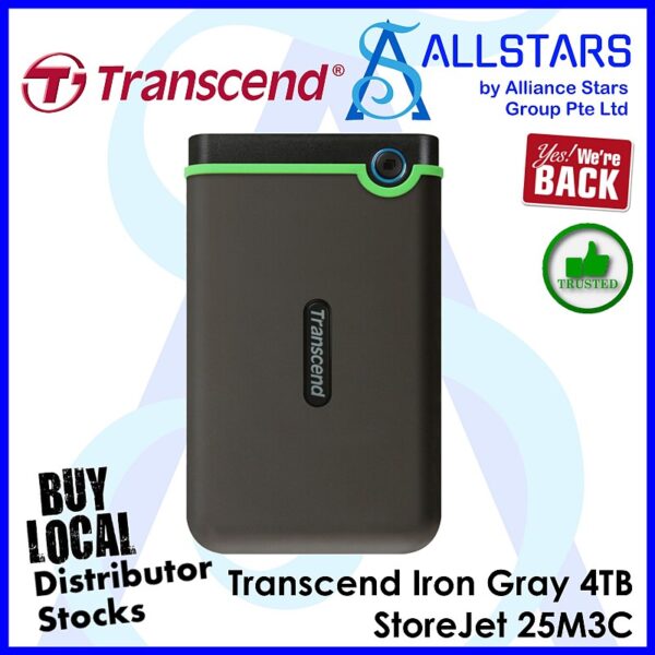 Transcend StoreJet 4TB 25M3C – Iron Gray – Type-C USB3.1 Gen 1 Portable USB3.0 HDD / Shock Resistant – Iron Gray : TS4TSJ25M3C (Warranty 3years with Convergent)
