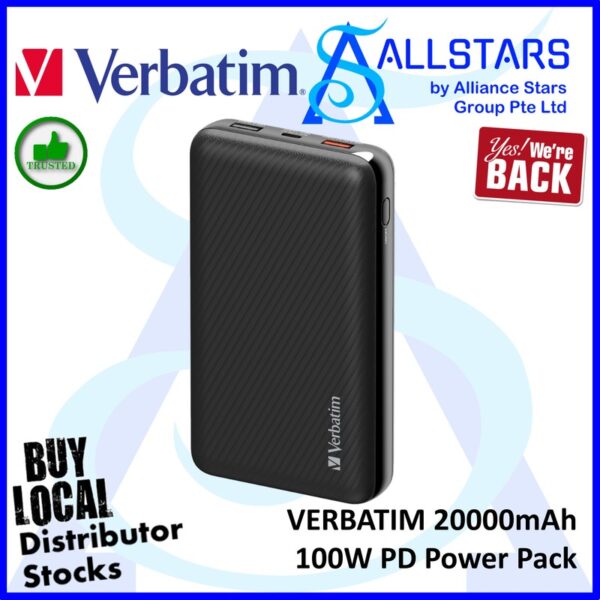 Verbatim 20,000mAh 100W PD & QC 3.0 Power Pack / input power 65W (USB-A QC 3.0 Output, Type-C PD 3.0 Input / Output, USB-A Output) – 66699 (Warranty 1year)