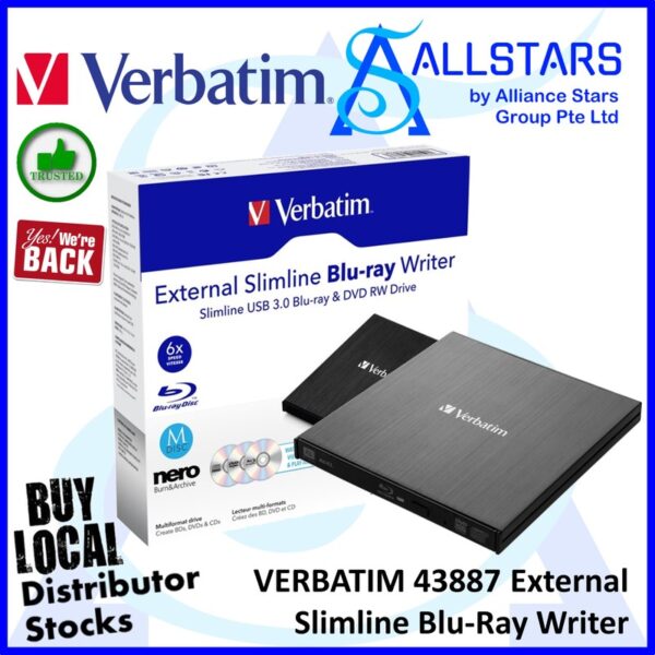 VERBATIM 43887 External Slimline Blu-Ray Writer / USB3.0 / 6X Speed support M Disc / Included Nero software (Warranty 1year)