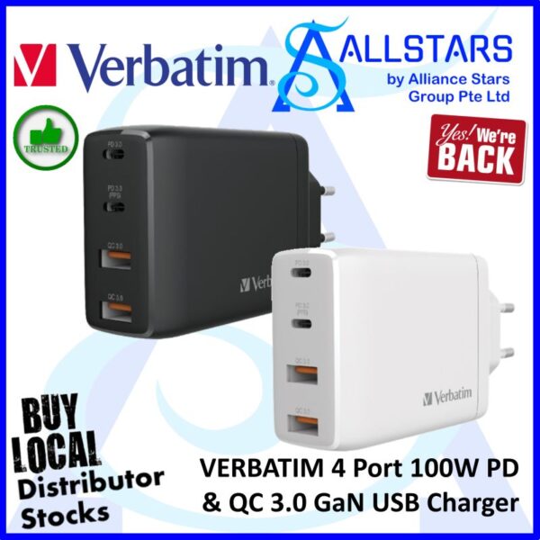 Verbatim 4Port 100W PD & QC 3.0 GaN USB Charger (Black) / Galium Nitride Technology / 2xType-C + 2x Type-A -1043-2008 – Black : 66545  (Warranty 1year)