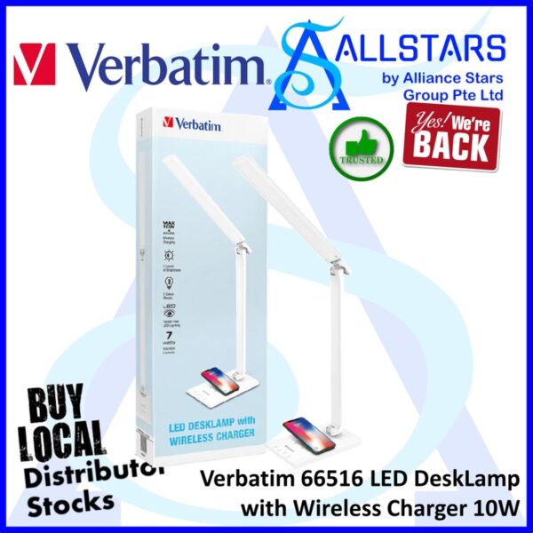 Verbatim 66516 LED DeskLamp with Wireless Charger 10W / 5 Levels of Brightness / 3 Colour Modes / Flicker-Free LED Lighting 7Watts (Warranty 1year)