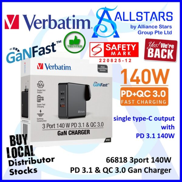 Verbatim 66818 3 port 140W PD 3.1 & QC3.0 GaN Charger / PPS / safety mark 220825-12 – 2207-1077