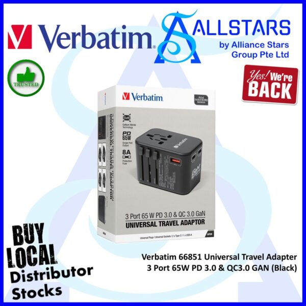 Verbatim 66851 3 Port 65W PD 3.0 & QC 3.0 GaN Universal Travel Adaptor – Black : 2209-1093