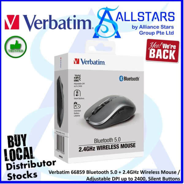 Verbatim 66859 Bluetooth 5.0 2.4GHz Wireless Mouse / Adjustable DPI up to 2400, Silent Buttons
