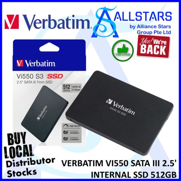 Verbatim 49352 Vi550 S3 512GB Internal 2.5 inch SATA3 SSD / 7mm / up to read 560MB/s, write 535MB/s (Warranty 3years with Verbatim SG)