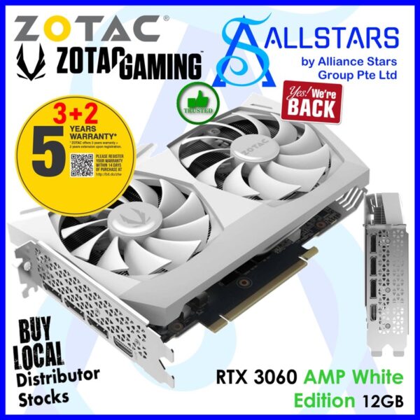 ZOTAC Gaming Geforce RTX 3060 AMP (White) 12GB PCI-Express x16 Gaming Graphics Card – White : ZT-A30600F-10P (Warranty 3years+2years upon registration on ZOTAC SG)