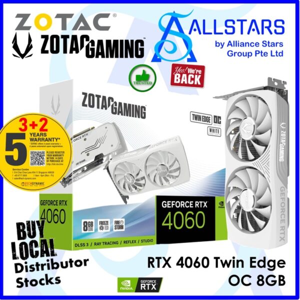 ZOTAC Gaming Geforce RTX 4060 Twin Edge OC White Edition 8GB PCI-Express x8 Gaming Graphics Card – White : ZT-D40600Q-10M