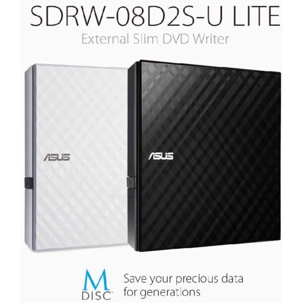 ASUS Portable 8X USB2.0 External Slim DVDRW Drive / M-DISC support – SDRW-08D2S-U LITE (Warranty 1YR w/Avertek)