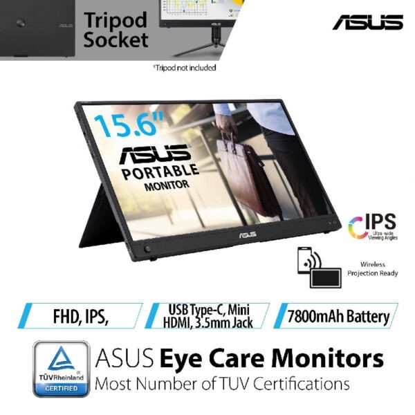 ASUS ZenScreen Go MB16AWP Wireless Portable Monitor- 15.6 inch, Wireless mirroring, IPS, USB Type-C, mini HDMI, Built-in battery, Flicker Free, Blue Light Filter, Anti-glare surface, Tripod socket (Warranty 3years with ASUS SG)