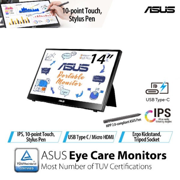ASUS ZenScreen Ink MB14AHD portable monitor  14-inch FHD (1920 x 1080), IPS, 10-point touch, Stylus Pen, USB Type-C, Micro HDMI, ergo kickstand, tripod socket, ASUS Flicker Free and Low Blue Light technologies (Warranty 3years with ASUS SG)