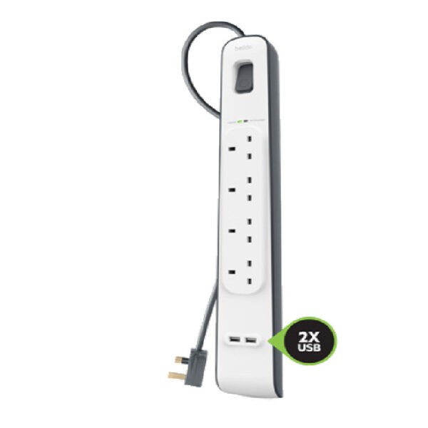 BELKIN BSV401 / 4 Outlets 2M Surge Protection Strip with 2 USB Ports – BSV401sa2M (Warranty 2years with BanLeong)