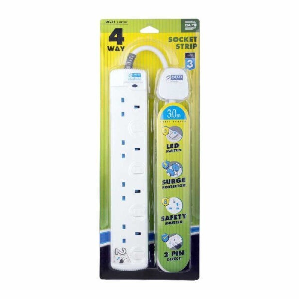 DAIYO DE384 / 3m, 4 Way Socket Strip / Individual Switch with Blue LED Light / 2 pin Direct Safety Shutter / Surge Protection (Warranty 1year)