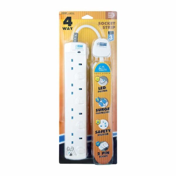 DAIYO DE384 / 6m, 4 Way Socket Strip / Individual Switch with Blue LED Light / 2 pin Direct Safety Shutter / Surge Protection (Warranty 1year)