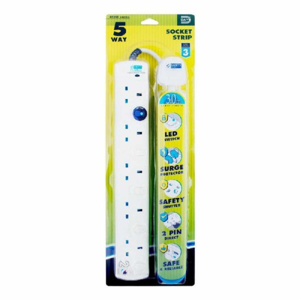DAIYO DE385 / 3m, 5 Way Socket Strip / Individual Switch with Blue LED Light / 2 pin Direct Safety Shutter / Surge Protection (Warranty 1year)