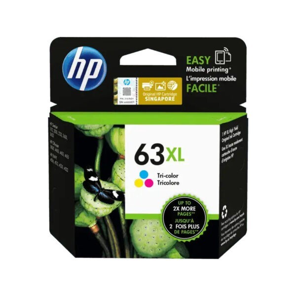 HP 63XL Tri-Colour / 63CXL High Yield Ink Cartridge / Page yield approximate 330pages / 8ml / Dye-Based – F6U63AA / 1PF6U63AA