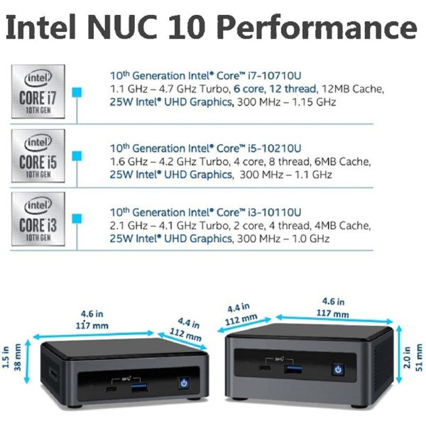 Intel NUC 10 Kit – NUC10i5FNHN /  Intel Core i5-10210U Processor, Intel® UHD Graphics, Intel® Wi-Fi 6 AX200 2×2 160MHz channels, Bluetooth v5,  Intel® i219-V 10/100/1000 Mbps Ethernet / No 3.5mm Audio (Warranty 3years with Intel SG)