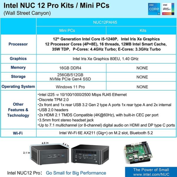 Intel NUC12 PRO NUC12WSHi5 / NUC12WSHi5000 NUC Mini PC Barebone ( Intel® Core i5-1240P / Dual HDMI 2.0b w/HDMI CEC, Dual DP 1.4a via Type C / Front: 2x USB 3.2, Rear: 2x USB 4 (type C), 1x USB 3.2, 1x USB 2.0) / WIFI6E + BT5.0) (Warranty 3years with Intel SG)