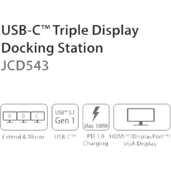J5Create JCD543 USB-C Triple Display Docking Station (13-in-1) (HDMI+DP+VGA+GBE LAN+USB3.0 HUB+Card Reader+PD3.0)