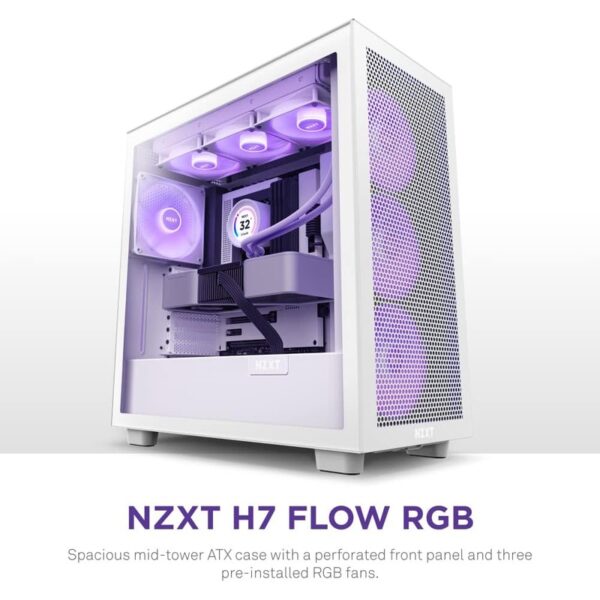 NZXT H7 Flow RGB (Matte White) ATX Mid-Tower with RGB Fans, ATX Casing, Chassis / F140 RGB Core Fan x3 + F120Q Airflow Fan x1) – Matte White : CM-H71FW-R1