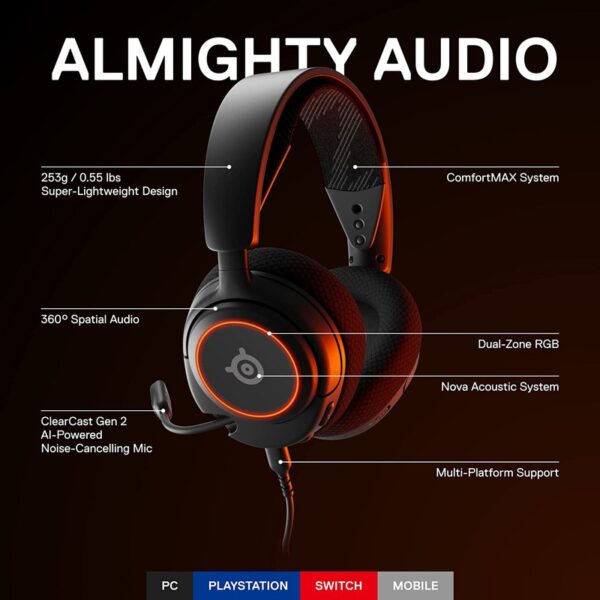 Steelseries Arctis Nova 3 Gaming Headset / USB-C to C, USB-C to A, USB-C to 3.5mm Stereo jack, retractable MIC, on-ear controls, RGB lights – 61631