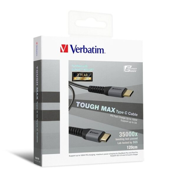 Verbatim 65989 Tough Max Type C Cable / Type-A to C, Grey, 120cm, 21AWG Wire Core, support QC3.0, Fortified with DuPont Keviar (Warranty 1year)