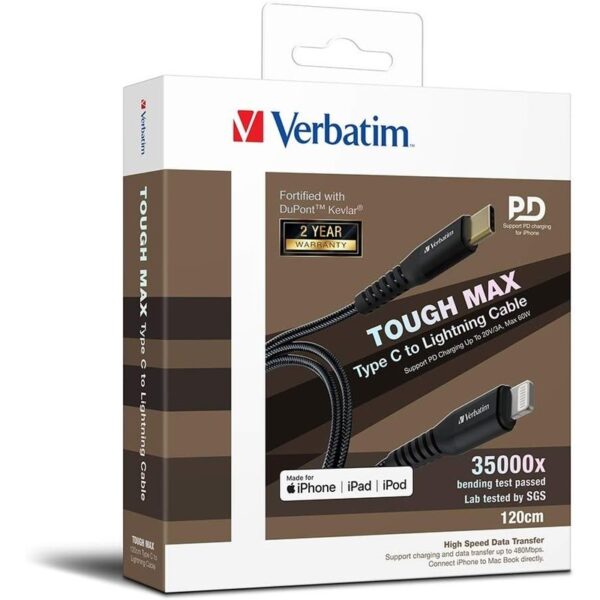 Verbatim 66048 Tough Max Type-C to Lightning Cable, support PD charging up to 3A – 120cm (Black) : 1088-2007