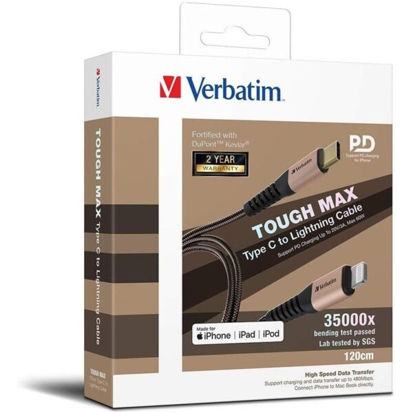 Verbatim 66049 Tough Max Type-C to Lightning Cable, support PD charging up to 3A – 120cm (GOLD) : 1088-1903