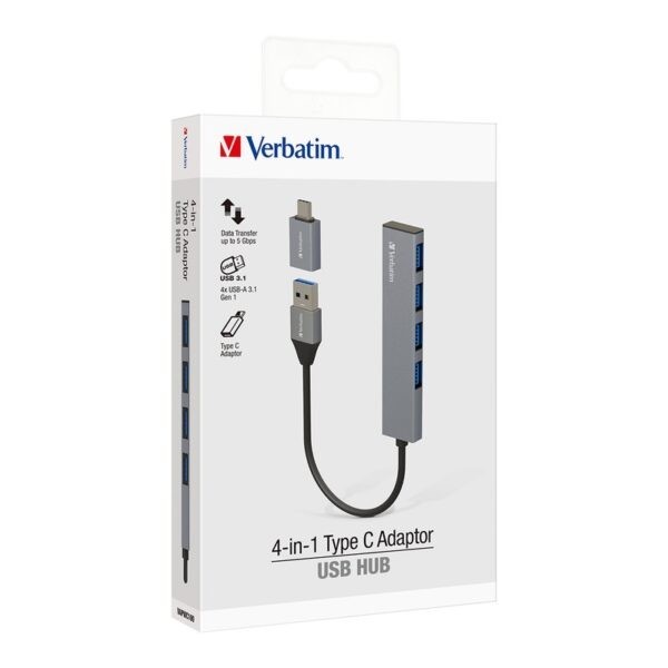 Verbatim 66627 4-in-1 Type C Adapter USB HUB / 4x USB-A Ports – Grey
